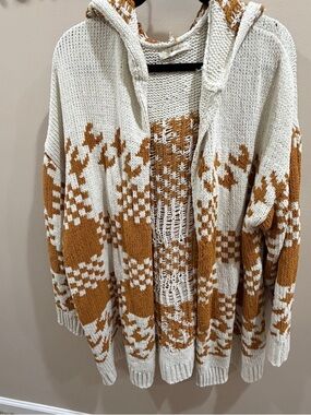 Rewind Cream and Brown Hooded Knit Cardigan Sweater Sz 2x